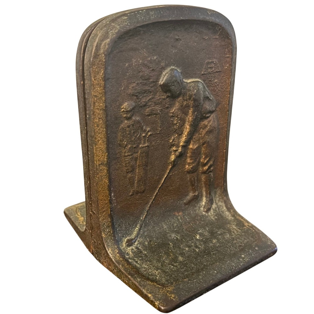 Antique Art Nouveau | Raised Golfer at‎ Address and Caddy Bookends | Bronze